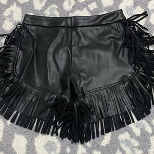 Black leather fringe shorts